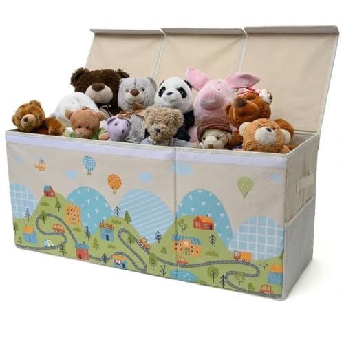 SoftOwl Extra Large Toy Storage Organizer with Lid - Sturdy, Collapsible Toy Chest Storage Box with Cute Design - Toys Bin with Dividers for Kids, Boys, Girls, Nursery, Bedroom, Play room 37"x16"x14" - color: Road - Beige