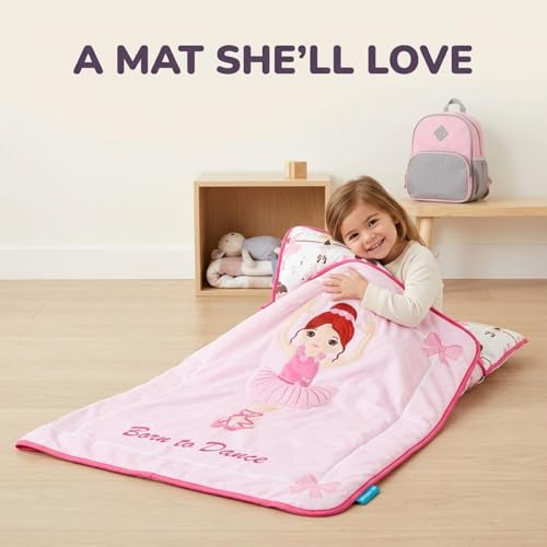 EVERYDAY KIDS Toddler Nap Mat with Removable Pillow -Born to Dance Ballerina- Carry Handle with Straps Closure, Rollup Design, Soft Microfiber for Preschool, Daycare, Sleeping Bag - Ages 2-6 Years - color: Born to Dance Ballerina