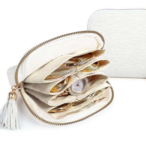 LOTOFUN Small Travel Jewelry Case: 5-Layer Individual Pouch Soft Velvet Bag Organizer With Zipper For Bracelets Bangles Protect From Tangle Scratch For Travelers Fashion Enthusiasts(Cream White) - color: Cream White