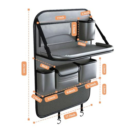 2 Pack Leather Car Backseat Organizer with Foldable Table Tray, Universal Car Seat Back Protector Kick Mat with Touchscreen Tablet Holder, Storage Pockets, Cup Holders & Tissue Holder, Black - color: Gray