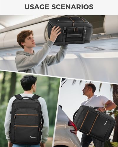 Vancropak Personal Item Travel Backpack for Men & Women, 17.3 inch Water Resistant Travel Laptop Backpack, Large TSA Airline Approved Under Seat Carry On Bag for Frontier Airlines - color: Black Brown