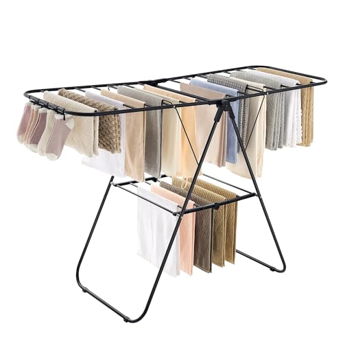 SONGMICS Clothes Drying Rack, with Sock Clips, Metal Laundry Rack, Foldable, Space-Saving, Free-Standing Airer, with 2 Height-Adjustable Gullwings, Indoor Outdoor Use, Black ULLR052B01 - color: Black, size: 1 Tier （21.7"d x 58.3"w x 39.4"h）