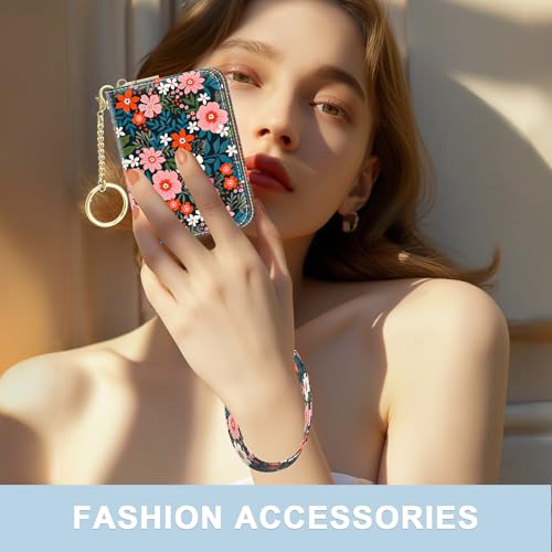 Aiawoxc Credit Card Holder, Small RFID Wallet Slim Leather Card Organizer Case with Zipper and Wristlet Strap, Cute Flowers - color: B-Cute Flowers, size: Wrist Strap