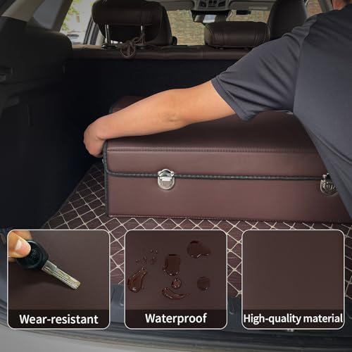 Car Trunk Organizer with Lid,Foldable Faux Leather Cargo Storage Box,3 Compartments,Collapsible Multi-Functional Organizer for SUV,Sedan and Vehicle Trunk - color: Brown, size: Large