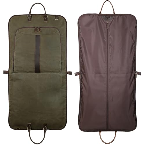 Polare Waxed Canvas Full Grain Leather Trim Garment Carry On Bag for Travel, Foldable Hanging Suitcase Weekender Dust-Proof Garment Waterproof Cover with YKK Zipper and Adjustable Strap (Army Green) - color: Army Green