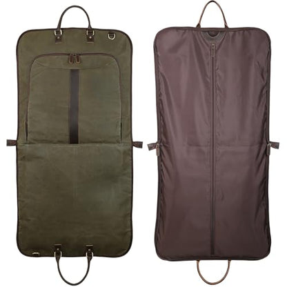 Polare Waxed Canvas Full Grain Leather Trim Garment Carry On Bag for Travel, Foldable Hanging Suitcase Weekender Dust-Proof Garment Waterproof Cover with YKK Zipper and Adjustable Strap (Army Green) - color: Army Green