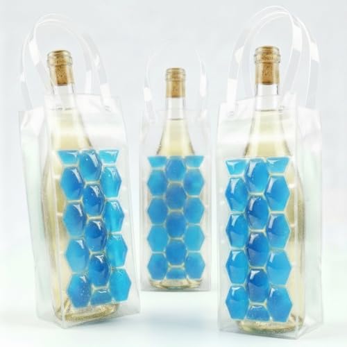 3-Pack Freezable Wine Cooler Bags with Built-in Gel Ice Packs - Portable Hexagon Wine Chiller Sleeve - Reusable Clear Folding Carrier Tote for Champagne, Beer, Picnic & Travel (orange） - color: Blue