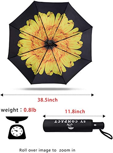 SY COMPACT Travel Umbrella - Windproof Automatic Compact Umbrella for Rain, Lightest 8-Rib, Small, Strong & Portable, Durable Grip, Fits Backpack & Car, Factory Direct (UV Available) - color: UPF-Flower yellow