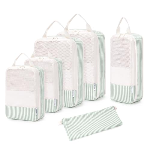 Narwey 6 Set Compression Packing Cubes for Travel Women Men, Travel Cubes for Carry On Suitcase, Durable Compression Luggage Organizer Bags - color: ZY-Mint Green Stripe