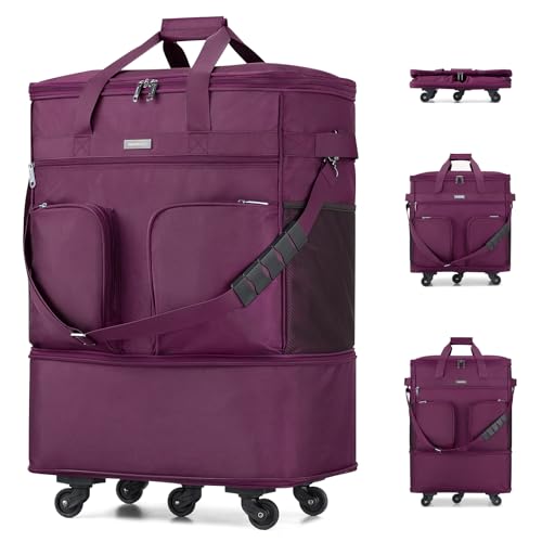 Hanke Expandable Large Suitcase 4 Wheels Lightweight Collapsible,Foldable Suitcases &Travel Bags Hand Luggage Extend 20/24/28 inch Suitcases Duffel Bag Without Telescopic Handle for Men & Women - color: Purple Upgrade Version 2