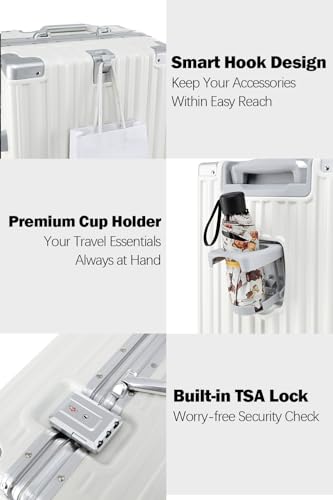 HotWay 24 Inch Aluminum Frame Luggage with Spinner Wheels, PC Hard Shell Suitcase with Cup Holder, Zipperless Luggage for Business Travel, White - color: White (PC+Aluminum), size: Checked in 24inch