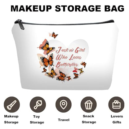 Romantic Butterfly Heart Makeup Bag Set Gift with Mirror, Cute Butterflies Around Heart Cosmetic Pouch for Women, Sweet Love Print Zipper Clutch for Girlfriend Valentine's Day Gift - color: Butterflies Love heart-white-2S
