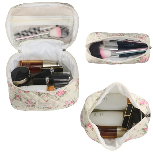 NATINSA Cute Makeup Bag for Women(2 Pcs), Travel Cosmetic Bags, Quilted Coquette Aesthetic Floral Toiletry Organizer Bag (21 - Pink Flower) - color: 21 - Pink Flower