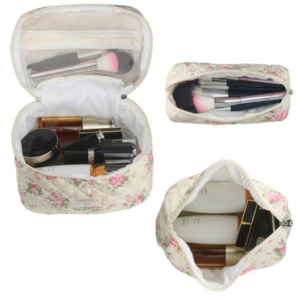 NATINSA Cute Makeup Bag for Women(2 Pcs), Travel Cosmetic Bags, Quilted Coquette Aesthetic Floral Toiletry Organizer Bag (21 - Pink Flower) - color: 21 - Pink Flower
