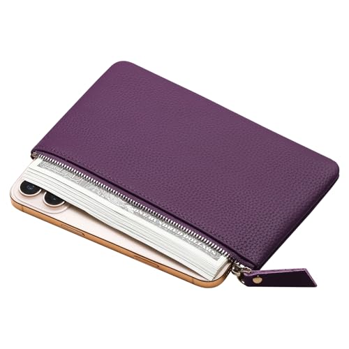 Genuine Leather Zipper Purse, Travel Makeup Bag With Zipper for Men Women Coin Bag Lipstick Cosmetic Accessories Organizer, Travel Kit Storage Pouch (Purple) - color: Purple