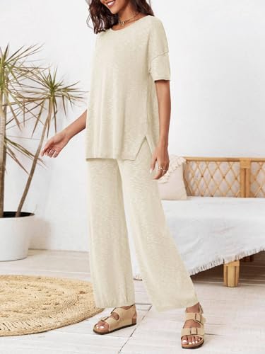 Tankaneo Women's 2 Piece Travel Outfits Casual Short Sleeve Knit Sweater Set Wide Leg Pants Lounge Sets Tracksuit - color: Beige, size: Small