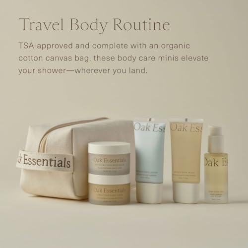 Oak Essentials Travel Body Routine, 5-Piece Body Care Set: Wash, Scrub, Lotion, Oil and Balm, Linen Bag Included, Gift Set for Women, TSA-Friendly Travel Sizes
