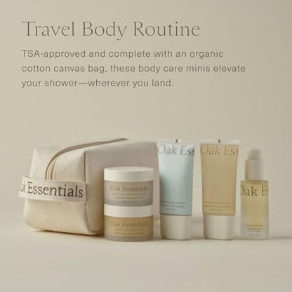 Oak Essentials Travel Body Routine, 5-Piece Body Care Set: Wash, Scrub, Lotion, Oil and Balm, Linen Bag Included, Gift Set for Women, TSA-Friendly Travel Sizes