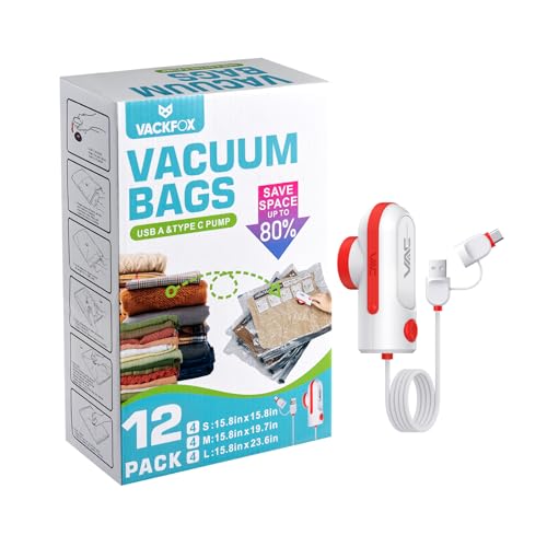 12 Pack Vacuum Bags for Travel with USB & TYPE C Pump,Compression Packing Cubes for Luggage,Carry-on Space Saver Vacuum Seal Bags&Vacuum Storage Bags for Vacation(Red) - size: Red-12 Vacuum Bags + USB & TYPE-C Pump