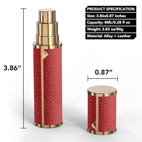 8ML Travel Perfume Refillable Atomizer, Mini Genuine Leather Cologne Sprayer, Protable Pocket Size Empty Fragrance Spray Bottle (Red) - color: Red