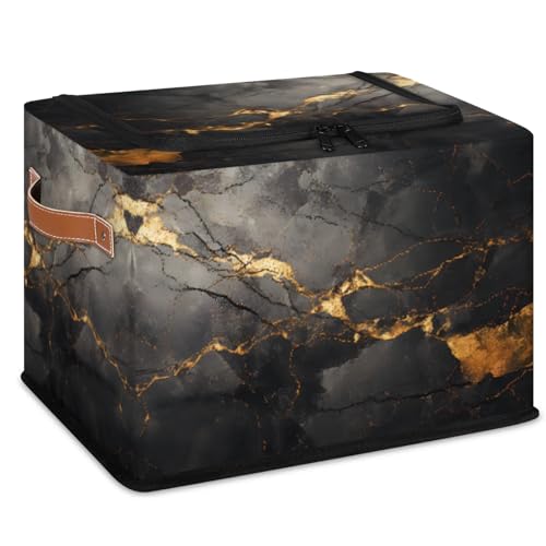 Black Gold Marble Storage Bins With Zipper Lid, Collapsible Trunk Organizer, Car Organizers and Storage Bins with Lids, Decorative Storage Boxes with Handle, Home Storage Baskets For Organizing - color: Black Gold Marble