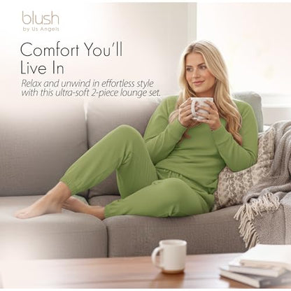 Blush by Us Angels 2 Piece Jogger Lounge Set for Women | Women's Travel Sweatsuit - Lightweight, Cozy Loungewear - color: Moss, size: Large