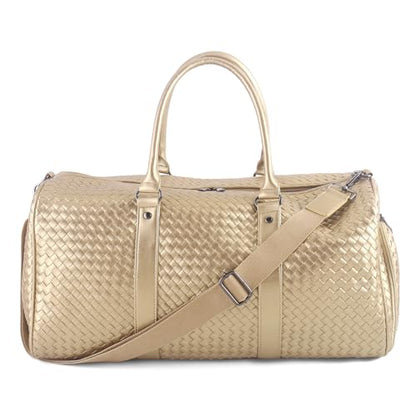 Weekender Bags for Women Woven Leather Travel Duffle Bag with Shoe Compartment, Carry On Garment Bag for Men Women, Large Capacity Water-resistant Gym Tote (Gold) - color: Gold