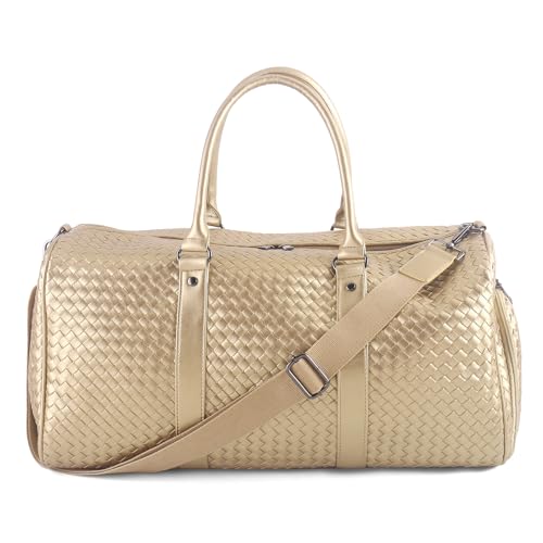 Weekender Bags for Women Woven Leather Travel Duffle Bag with Shoe Compartment, Carry On Garment Bag for Men Women, Large Capacity Water-resistant Gym Tote (Gold) - color: Gold