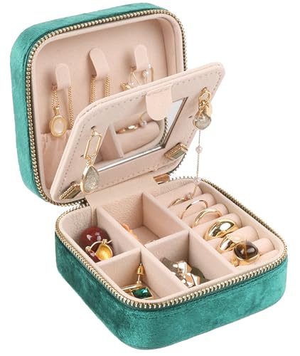 OceeK Plush Velvet Jewelry Box,Travel Jewelry Case and Organizer with Mirror,Jewelry Box for Women Girls,Green,1 Pack - color: Suede, size: 3.9x3.9 With mirror