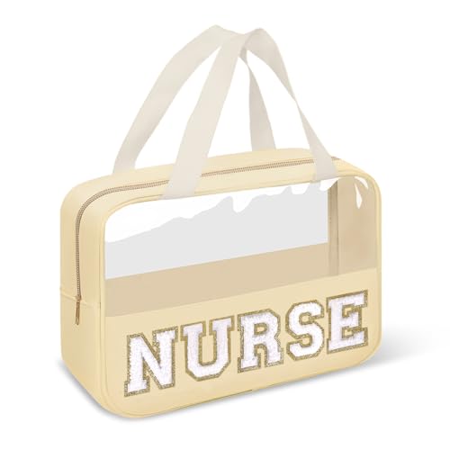 Nurses Week Gifts Chenille Letter Clear NURSE Makeup Bag for Women,Preppy Nurse Cosmetic Pouch Zipper with Handle Nurse Essentials Bag for Work Supplies,Labor and Delivery Nurse Gifts(NURSE-Beige) - color: NURSE-Beige