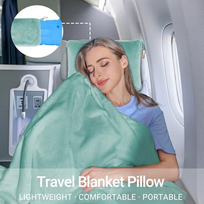 Travel Blanket & Pillow Set, 300 GSM Soft Fleece, 60x43 Inches, 3-in-1 Airplane Blanket, Travel Pillow and Blanket Set, Travel Blanket Airplane Compact with Bag, Travel Essentials,Mint Green - color: Mint Green-1