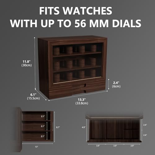 AUTOARK Wooden Watch Sunglass Display Case,12 Watch Box with Jewelry Drawer,Watch Eyeglass Holder with Window,Vertical Storage,Gift Idea,Walnut,AW-185 - color: Walnut
