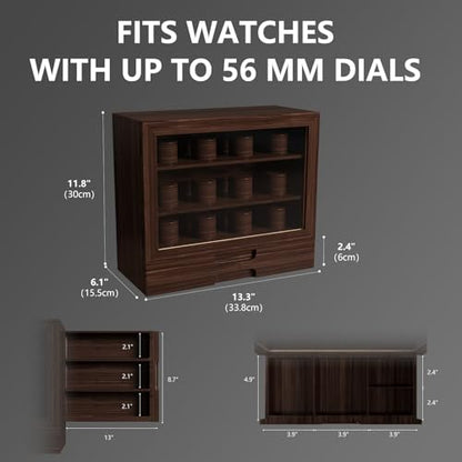 AUTOARK Wooden Watch Sunglass Display Case,12 Watch Box with Jewelry Drawer,Watch Eyeglass Holder with Window,Vertical Storage,Gift Idea,Walnut,AW-185 - color: Walnut