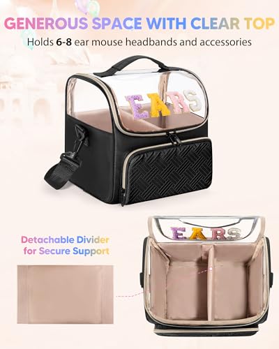 Mouse Ears Travel Case with Detachable Divider, Headband Holder Organizer Bag with Shoulder Strap, Chenille Letter Hair Accessories Storage Box, Black with Gold Zipper - color: Black-Gold Zipper
