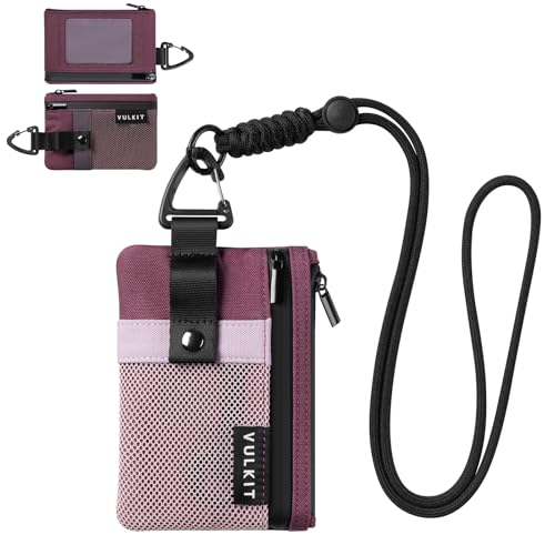 VULKIT Small Minimalist Wallet for Women RFID Blocking, Zipper Coin Pouch with ID Window and Keychain, Water Resistant Travel Lanyard Wallet Wine Pink - color: Wine Pink
