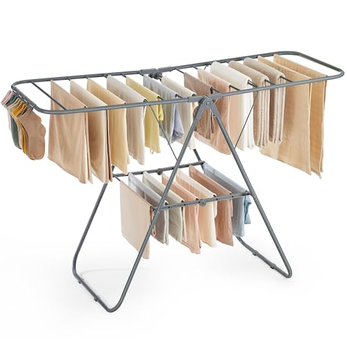 SONGMICS Clothes Drying Rack, with Sock Clips, Metal Laundry Rack, Foldable, Space-Saving, Free-Standing Airer, with 2 Height-Adjustable Gullwings, Indoor Outdoor Use, Gray ULLR052G01 - color: Gray, size: 1 Tier （21.7"d x 58.3"w x 39.4"h）