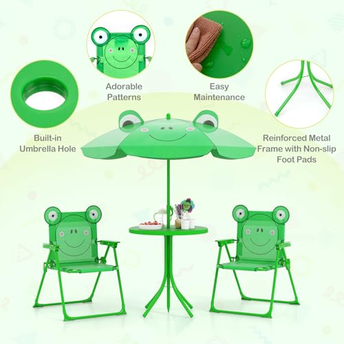 HONEY JOY Kids Picnic Table, Animal Themed Toddler Outdoor Table and Chair Set, 2 Folding Chairs & Removable Umbrella, Children Outdoor Furniture for Backyard Patio Garden (Green Frog) - color: Green Frog