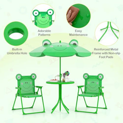 HONEY JOY Kids Picnic Table, Animal Themed Toddler Outdoor Table and Chair Set, 2 Folding Chairs & Removable Umbrella, Children Outdoor Furniture for Backyard Patio Garden (Green Frog) - color: Green Frog