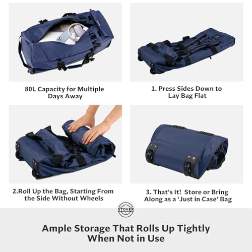 STOVER 45/80/100L Rolling Duffel Bag with Wheels, Large Durable Travel Duffle + Toiletry Bag, Heavy Duty, Packable, Foldable with Shoulder Straps- Use as Luggage or Backpack, Men/Women (Navy Blue) - color: Navy Blue