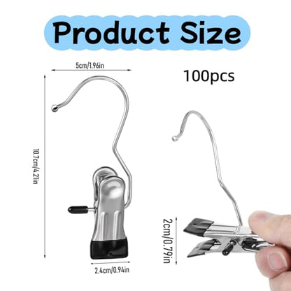 100 Pack Heavy Duty Boot Hanger Clips, Stainless Steel Laundry Hooks with Silicone Clip for Hanging Boots, Pants, Socks, Towels - Space Saving Closet Organizer for Travel & Home