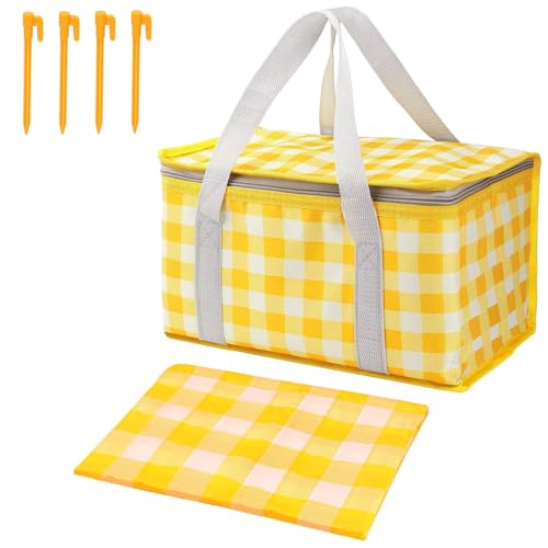 Insulated Picnic Bag with Leakproof Liner Foldable Reusable Cooler Basket Includes Disposable Picnic Mat Sturdy Handle Ideal for Outdoor Activities Travel Beach Camping (Yellow) - color: Yellow