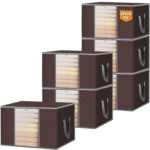 BALEINE 6 Pack Clothes Storage Bags, 24 Gallon Storage Containers with Reinforced Handle, Sturdy Zipper, Closet Organizer for Blanket, Comforter, Pillow, Bedding (Brown, 6 Pack) - color: Brown, size: 6 Pack-24 Gallon