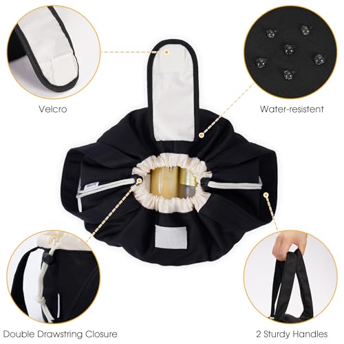 Narwey Lay Flat Open Drawstring Makeup Bag, Large Cosmetic Bag for Women Girls, Cute Make up Bags with Handle, Portable Travel Toiletry Bag for Skincare, Brushes & Travel Essentials (Black) - color: A-Black