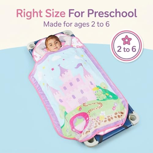 EVERYDAY KIDS Cute Preschooler and Toddler Cot Nap Mat for Home, Daycare, Preschool and Kindergarten; Easy to Roll Sleeping Mat with Elastic Straps, Pillow and Blanket - color: Princess Cot Nap Mat