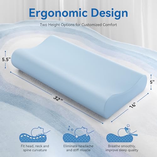 AM AEROMAX 32" King Size Contour Memory Foam Pillow, Cervical Pillow for Neck Pain Relief, Neck Orthopedic Sleeping Pillows for Side, Back and Stomach Sleepers - color: Blue, size: King Size
