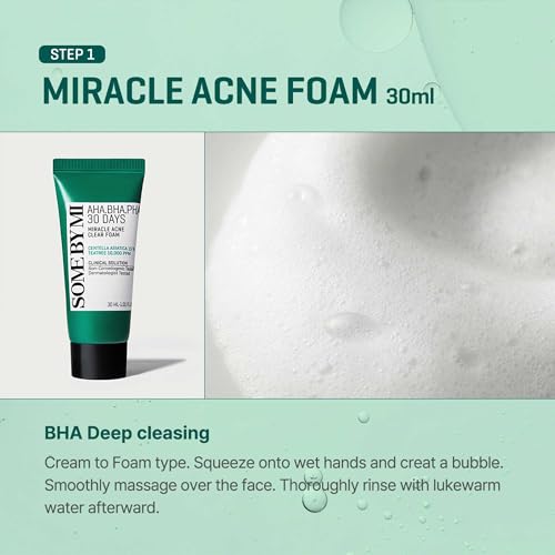 SOME BY MI AHA BHA PHA 30Days Miracle AC SOS Kit - Toner 1.01Oz, Serum 0.33Oz, Cream 0.7Oz, Foam 1.01Oz - Mild Exfoliating Daily Skin Care Set - Skin Wastes, Sebum, Oiliness Care - Korean Skin Care - color: Miracle Kit with Foam
