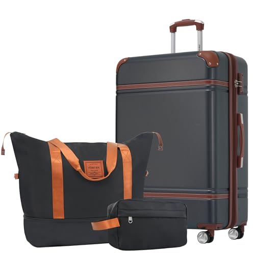 Merax Suitcase Set 24 inches Expandable Luggage with TSA Lock Spinner Wheels Hardshell Lightweight Vintage Luggage with Travel Bag,Black - color: Black, size: 24 IN