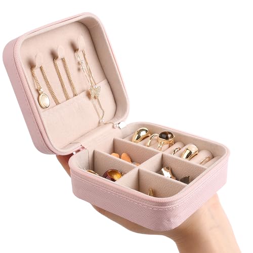 OceeK Travel Jewelry Case Box Organizer,PU Leather Small Jewelry Box,Portable Travel Jewelry Storage Case,Pink,1 Pack - color: Pink, size: 3.9x3.9