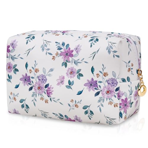 Gosect Floral Waterproof Makeup Bag, Leather Cosmetic Bag with Compartments, Zipper Make up Pouch Organizer, Portable Storage Travel Toiletry Bag Gifts for Women Girls(Purple Flower) - color: Purple Flower