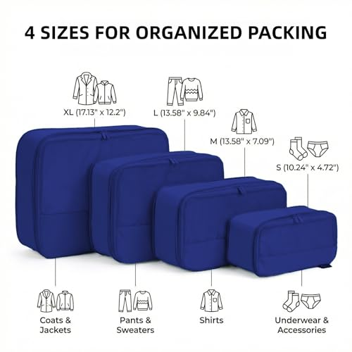 4 Piece Compression Packing Cubes for 3–7 Day Travel, Space Saving Travel Organizers with Breathable Mesh, Double-Zipper Packing Cubes for Carry-On & Suitcases (Blue) - color: Blue